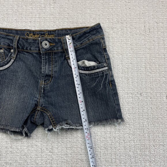 Y2K Suko Jeans Women Sz 7 Jean Shorts Denim Dark Blue Silver Distressed Cutoff - Picture 8 of 13